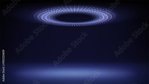 Futuristic technology stage, dim blue background. Round dotted led, neon glow. Abstract background for displaying products, presentation, advertising. Tech blue backdrop. Showcase. Vector