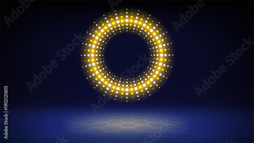 Futuristic technology stage blue background. Round golden yellow dotted led, neon glow. Abstract background for displaying products presentation, advertising. Tech backdrop. Showcase. Vector