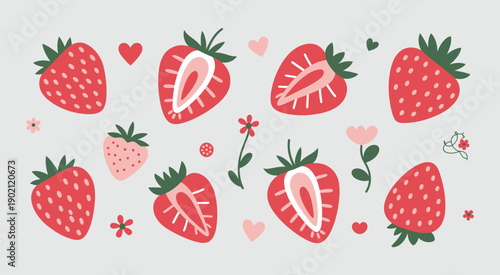 Red strawberry illustration with floral accents and hearts, sweet whimsical design, decorative vector elements.