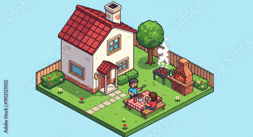 Cozy Suburban Home with Backyard Barbecue Scene.