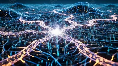 Abstract visualization of interconnected digital pathways simulating complex neural network data flow