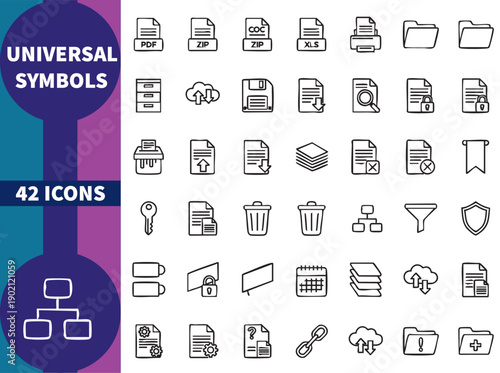 Purple Minimalist Line Art Icons, 42 Universal Symbols for App and Web UI