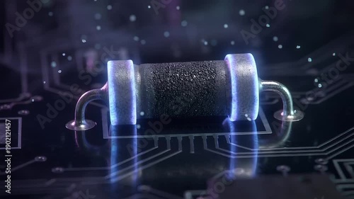Glowing electronic resistor component sits on a dark futuristic circuit board illustration