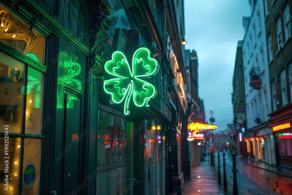 Obraz premium Shamrock neon light on the street in dublin Ireland neighborhood alleyway downtown.