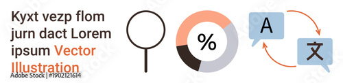 Data analysis, translation, research tools, multilingual communication, business processes, global connectivity. Illustration shows a magnifying glass, pie chart, and two chat bubbles with language