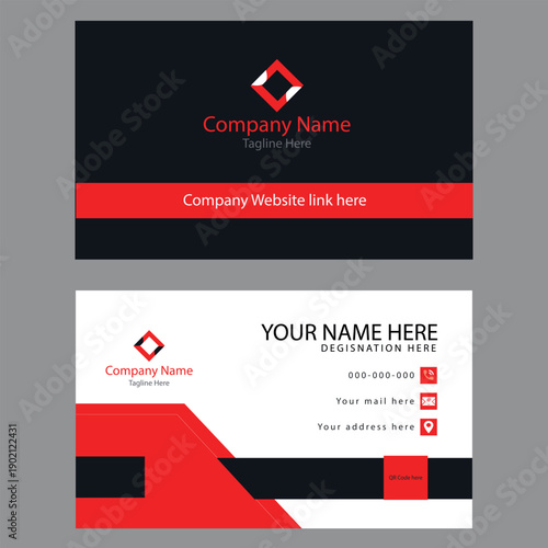 Modern professional business card template design with creative layout for corporate identity. Clean and minimal stationary design in dark cyan and red color scheme. Editable vector EPS 10 format.