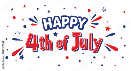 Happy 4th of July vector text with fireworks and stars, patriotic greeting for banner or poster, Independence Day celebration decoration Isolated on transparent background, png