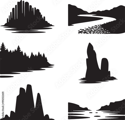 Black silhouettes of various landscapes with water and mountains