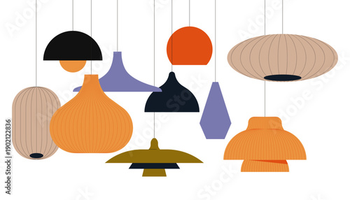 Ceiling lamps set. Home chandeliers designs. Electric light decorations. Lightbulbs in modern lampshades of trendy shapes, hanging on wire, cord. Flat vector illustrations isolated on white background