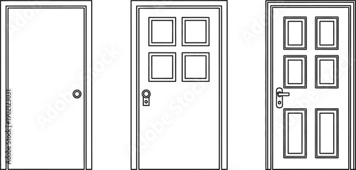 Set of Minimalist Door Design Variations A Progression from Simple to Panel Doors, Outline Vector Illustration Collection