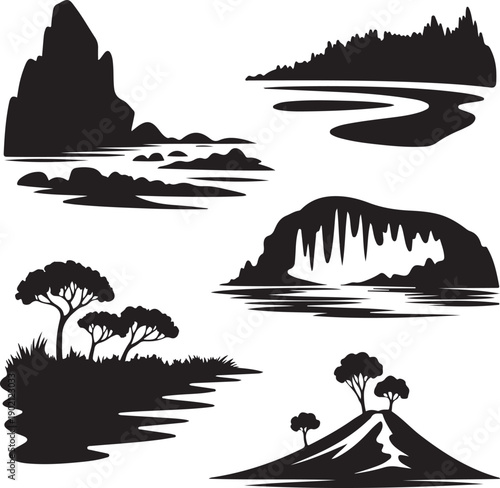 black silhouettes of various landscapes with water and trees on white background