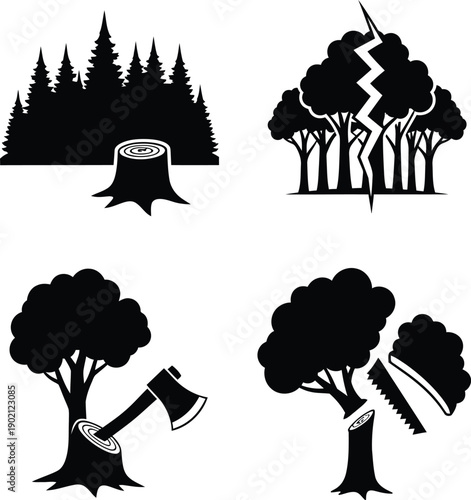 Devastated landscape showing massive deforestation with cut down trees and barren earth representing environmental destruction and climate change.