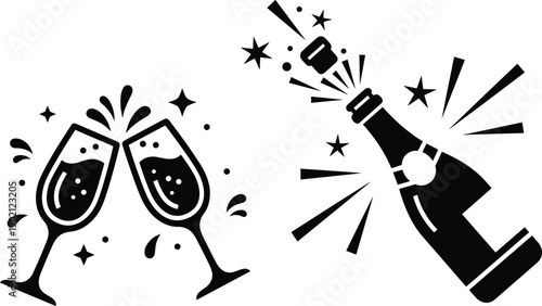 Black silhouette icons of champagne glasses and bottle popping cork, symbolizing celebration, toast, festivity, and special occasion joy
