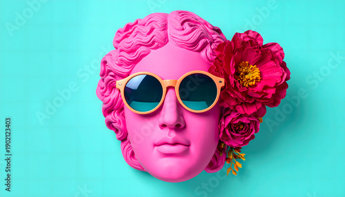 Vibrant abstract neon red antique sculpture made of wool and exotic flowers on neon turquoise background, detailed and filigree, bohemian folk style, commercial art.