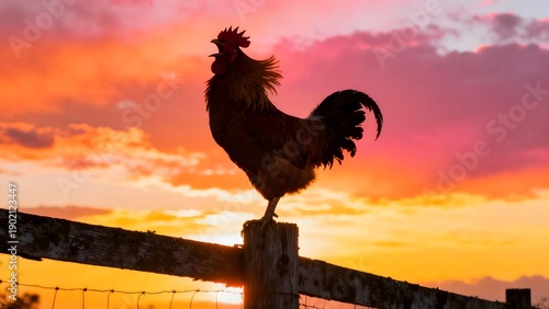 Wallpaper Mural Rooster Silhouetted on a Wooden Fence Post Against a Dramatic Sunset Sky Torontodigital.ca