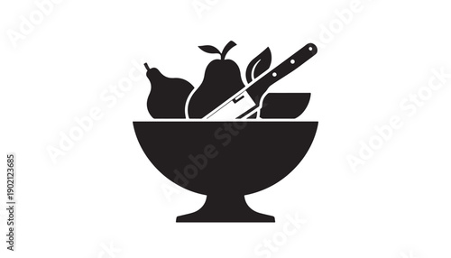 Fruit bowl silhouette vector illustration with pear apple and round fruit plus knife design isolated icon for kitchen food concepts