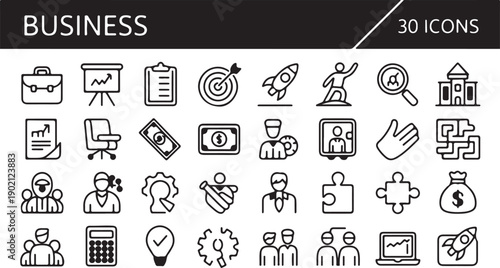Comprehensive Set of 30 Business and Management Line Icons for Finance, Strategy, and Office Concepts, ideal for web and print design projects