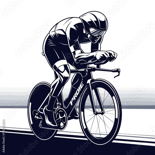 A stylized illustration of a cyclist in a time trial position, leaning forward over the handlebars of a racing bicycle.