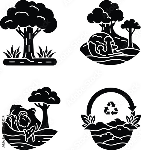 A detailed vector illustration showing the environmental impact of deforestation with cut down trees and a barren landscape under a cloudy sky.
