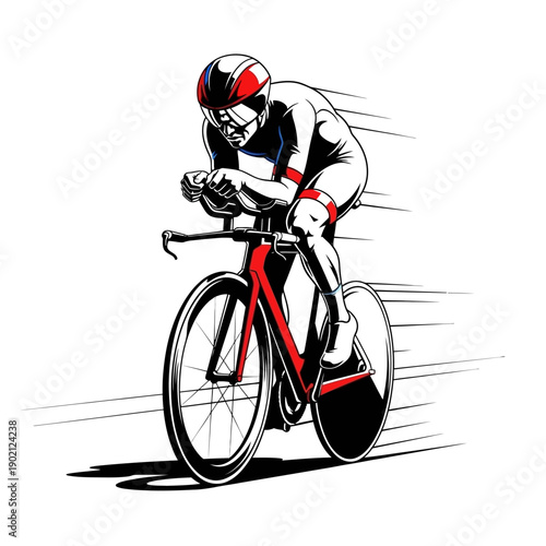A cyclist in a racing suit and helmet speeds forward on a red time trial bicycle, depicted with motion blur.