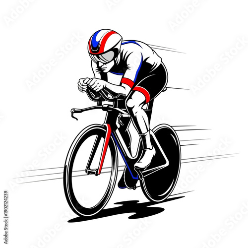 A cyclist in a time trial race, leaning forward in an aerodynamic position on a racing bicycle, with motion blur indicating speed.