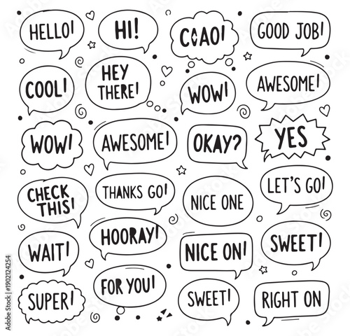 speech bubble doodle icons, comic text symbols, hand drawn chat bubbles, conversation message graphics, cartoon dialogue elements, talk bubble pack, communication outline set

