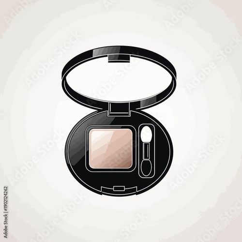 A top-down view of an open compact eyeshadow case with a light brown eyeshadow and a small applicator brush.