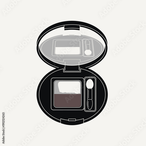 A top-down illustration of an open compact eyeshadow palette with a dark brown shade and a small applicator brush.