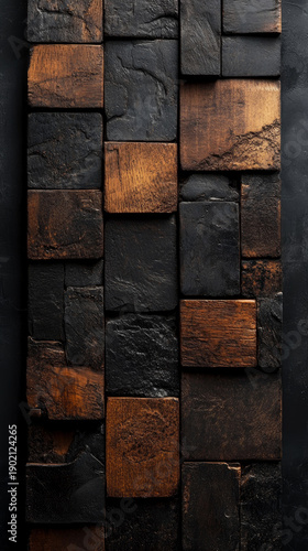 Rustic Textured Wood Panel Background with Irregularly Arranged Blocks of Natural Brown and Dark Charcoal Wood, Featuring Distressed Surfaces and Rich Tonal Contrast.
