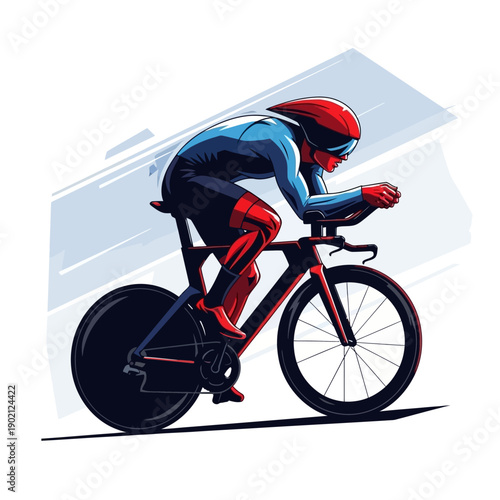 A dynamic illustration of a professional cyclist in a red, blue, and white aerodynamic suit, intensely focused on a time trial race.