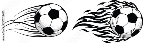 Dynamic soccer balls with fiery flames and powerful speed streaks, vector illustrations for sports and athletic event graphics