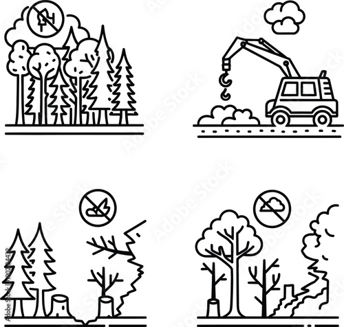 A detailed vector illustration showing the environmental impact of deforestation with cut tree stumps and a barren landscape under a dramatic sky.