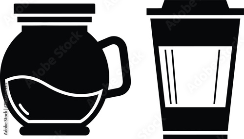 Coffee and beverage container icons, simple black and white illustrations