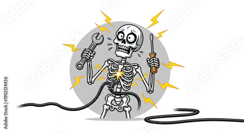 A cartoon skeleton is electrocuted while holding a wrench and a screwdriver, with sparks flying around its head and chest.