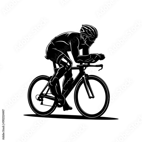 Silhouette of a cyclist in aerodynamic racing posture on a time trial bicycle, emphasizing speed and athletic performance.