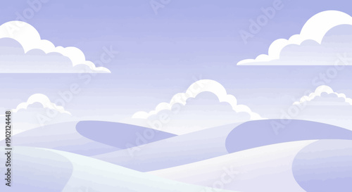 A serene, minimalist illustration of rolling sand dunes under a pale blue sky with fluffy white clouds.