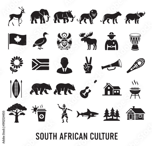 african culture vector icons, tribal symbol illustrations, wildlife africa graphics, traditional heritage elements, ethnic art icon set, safari culture pack, africa outline icons

