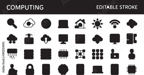 A comprehensive collection of 30 modern computing and technology vector icons, ideal for various digital projects, web interfaces, and IT service applications