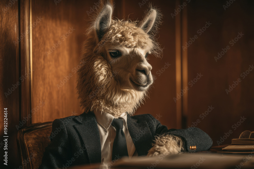 Fototapeta premium A llama dressed in a business suit in an office or court