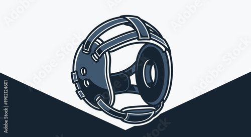 A close-up illustration of a dark blue wrestling headgear with a white background and a dark blue V-shaped design at the bottom.