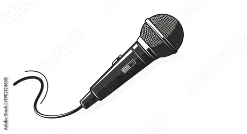 A black microphone with a coiled cord, presented in a clean, minimalist illustration style against a white background.