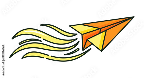 A vibrant orange paper airplane soaring through the air with stylized yellow flames trailing behind it, symbolizing speed and forward motion.