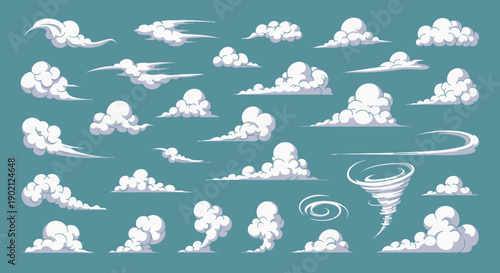 Collection of stylized cartoon clouds and weather phenomena including a tornado and wind swirls against a teal background.