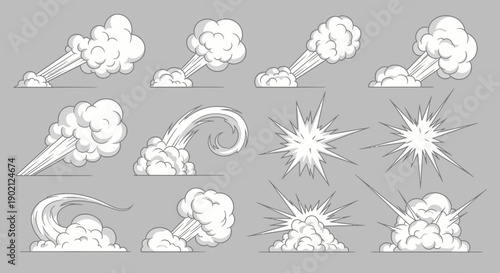 Collection of stylized comic book style explosion and smoke effects, including dust clouds, impact bursts, and swirling vapor trails.