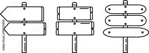 Collection of directional signs and information boards on a pole, graphic illustration