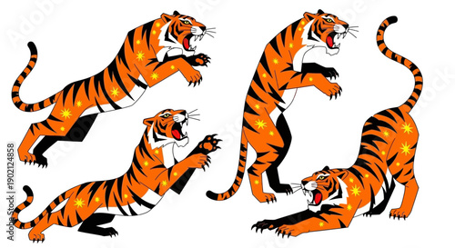 Four dynamic illustrations of tigers in various action poses, showcasing their powerful and agile nature with vibrant orange and black stripes and golden star-like accents.