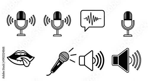 Collection of icons representing sound, voice, and audio recording technology.