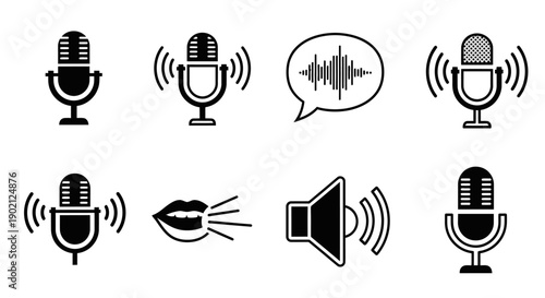Collection of eight black and white icons representing audio, sound, and voice recording technology.