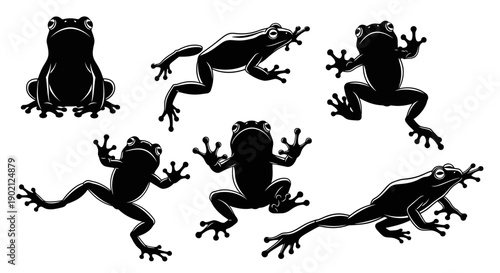 A collection of six black silhouettes of frogs in various dynamic poses, showcasing their anatomy and agility.