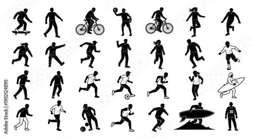 Collection of Silhouetted Figures Engaged in Various Sports and Recreational Activities.